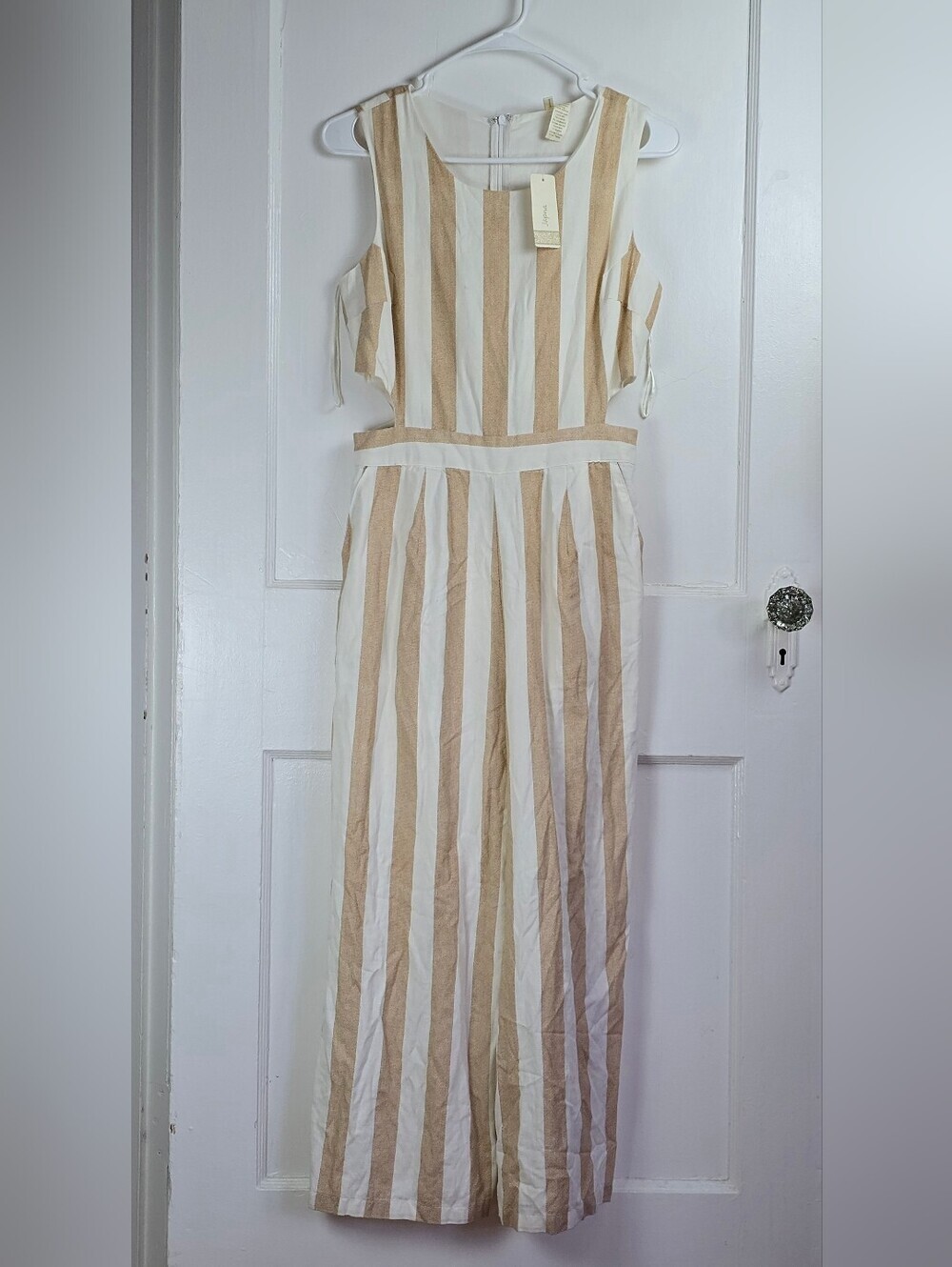 Japna Beige and White Striped Sleeveless Jumpsuit with Pockets NEW M